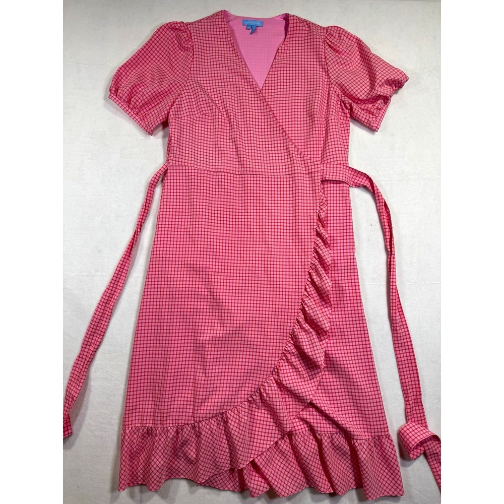 Draper James Pink Gingham Wrap Midi Dress V-Neck Puff Sleeve Ruffle Tie 10
